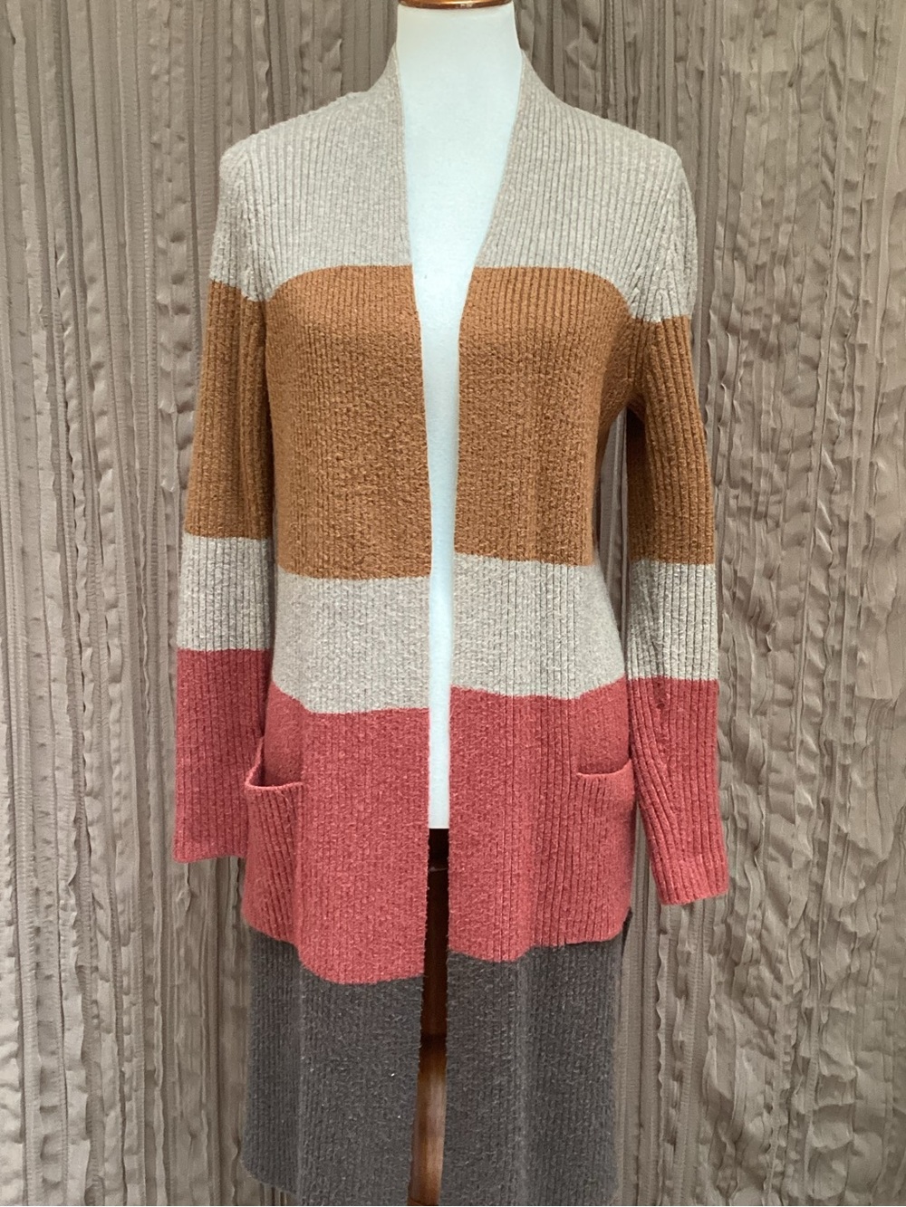 LOFT Striped, Ribbed, Open-Front Long Cardigan, side slits, pockets, Medium